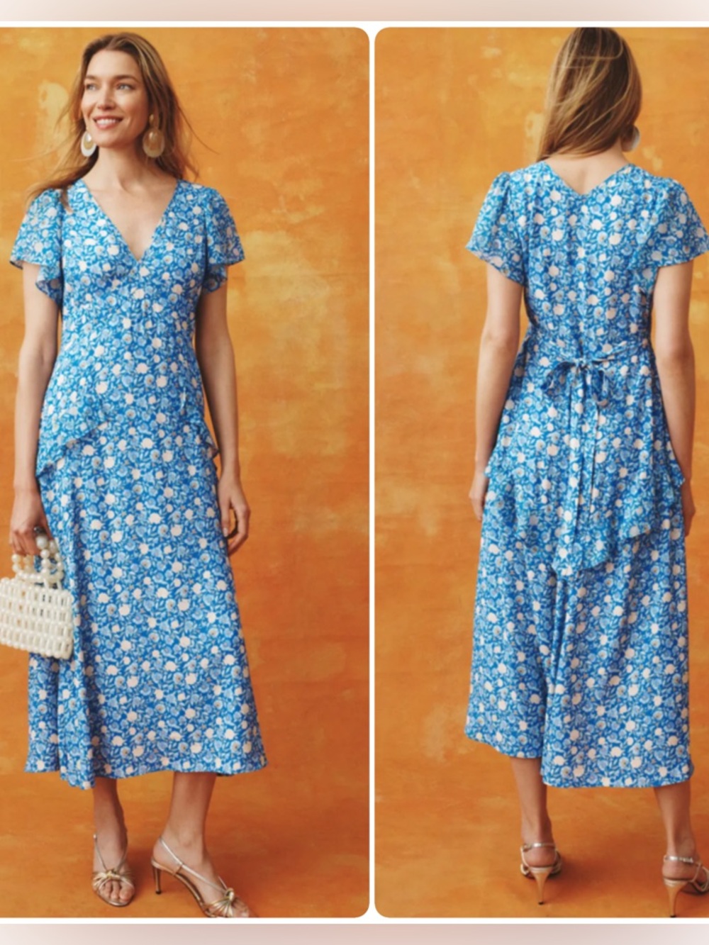 RIXO x RTR Evie Blue Floral V-Neck Midi Dress